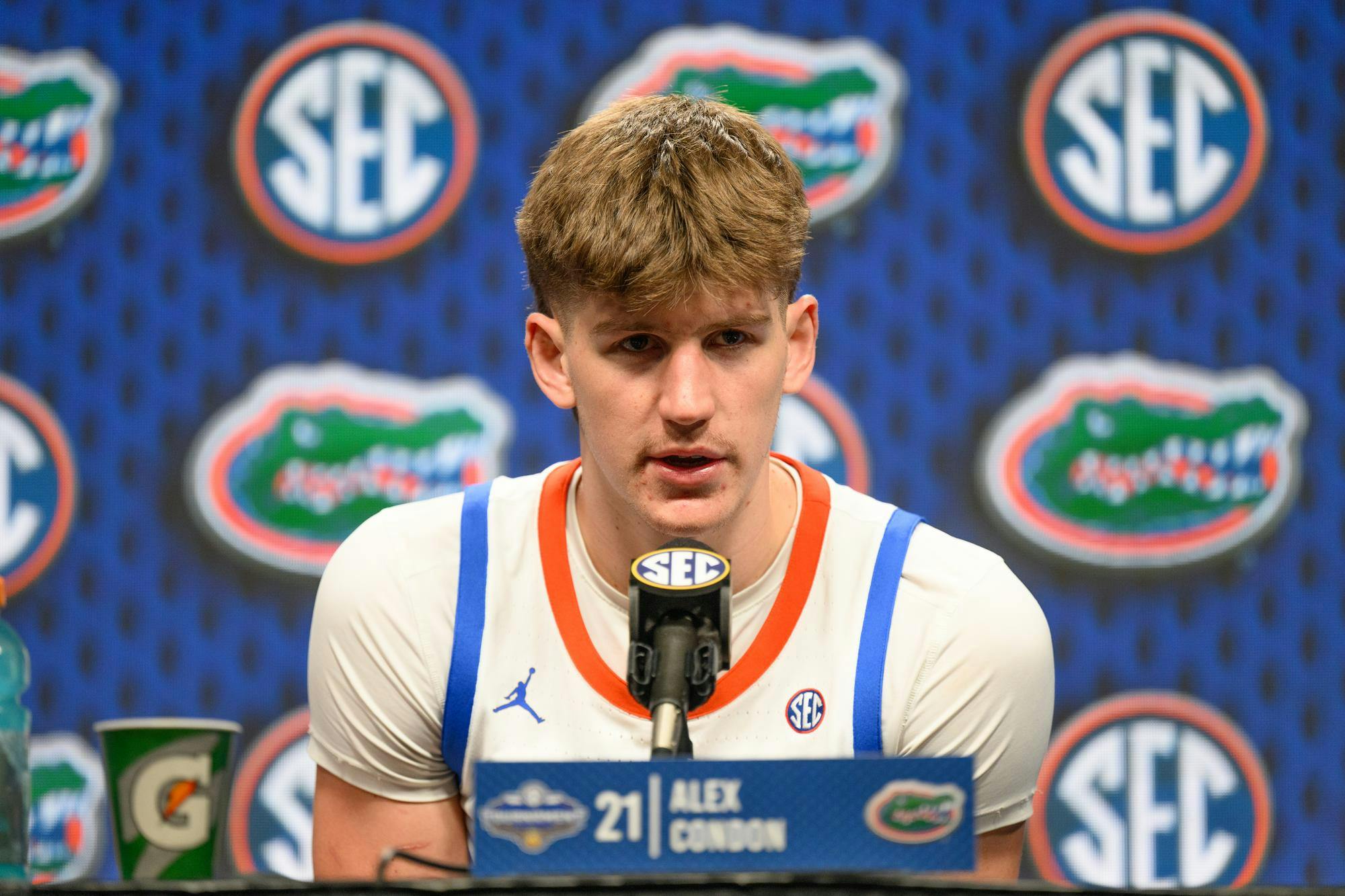 Florida forward Alex Condon speaks during the post-game press conference after an SEC Men's Basketball Tournament semifinal game against Vanderbilt, Saturday, March 14, 2026, in Nashville, Tenn.