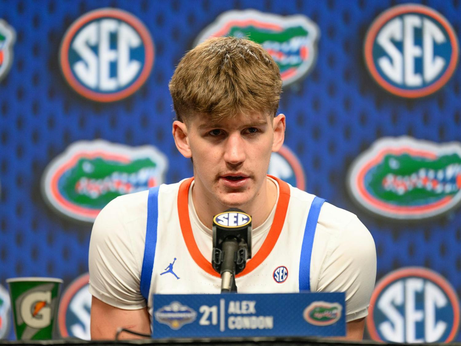 Florida forward Alex Condon speaks during the post-game press conference after an SEC Men's Basketball Tournament semifinal game against Vanderbilt, Saturday, March 14, 2026, in Nashville, Tenn.