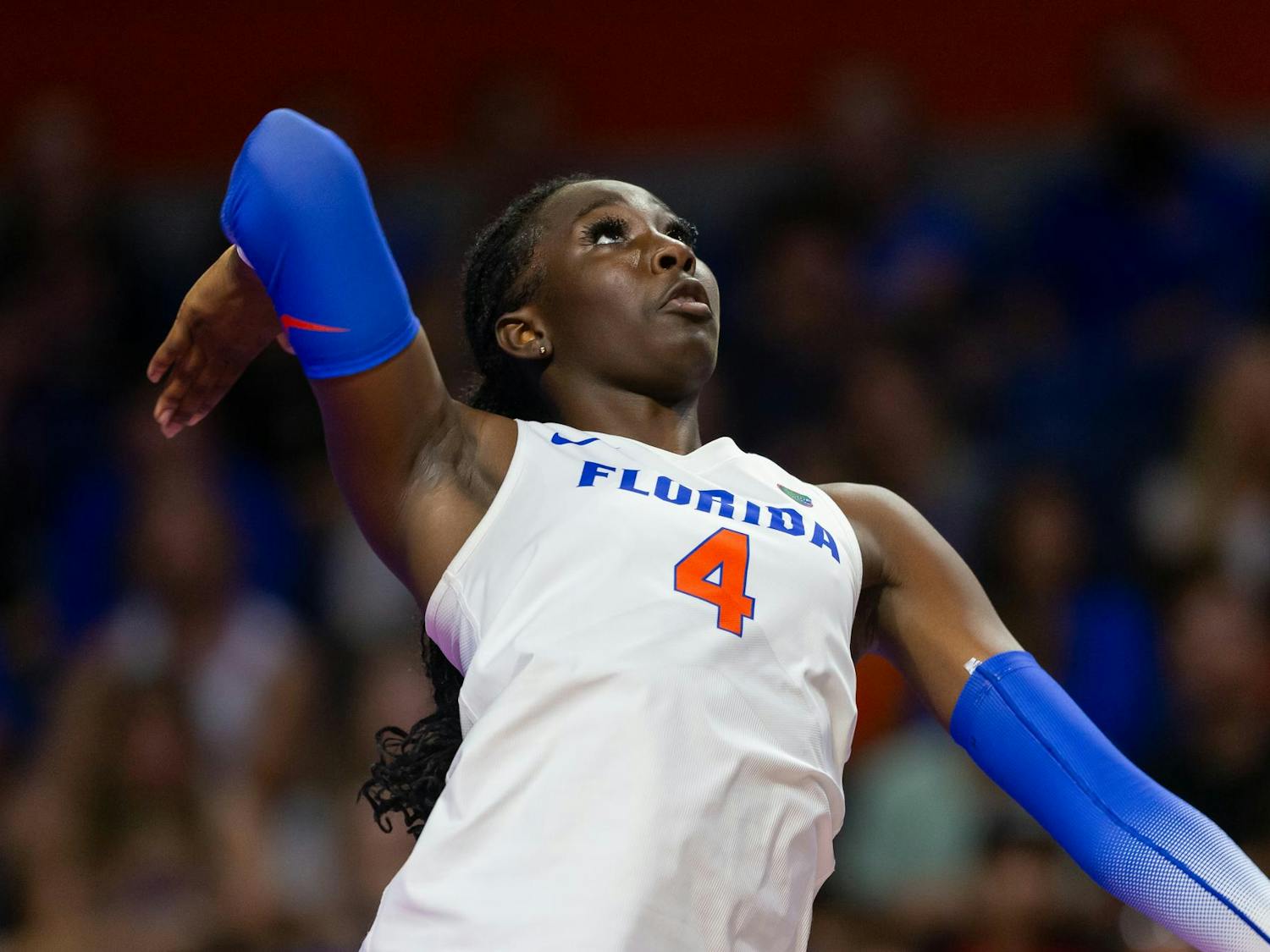 Florida middle blocker Jaela Aguste prepares to hit the ball during the second set of their match vs the USF Bulls on Friday, Sept. 6.