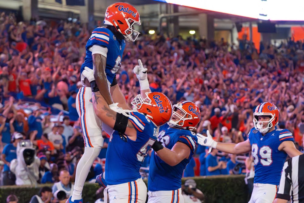 The Florida Gators Football team celebrates a touchdown during the first half at Steve Spurrier-Florida Field at Ben Hill Griffin Stadium on Saturday, October 05, 2024.