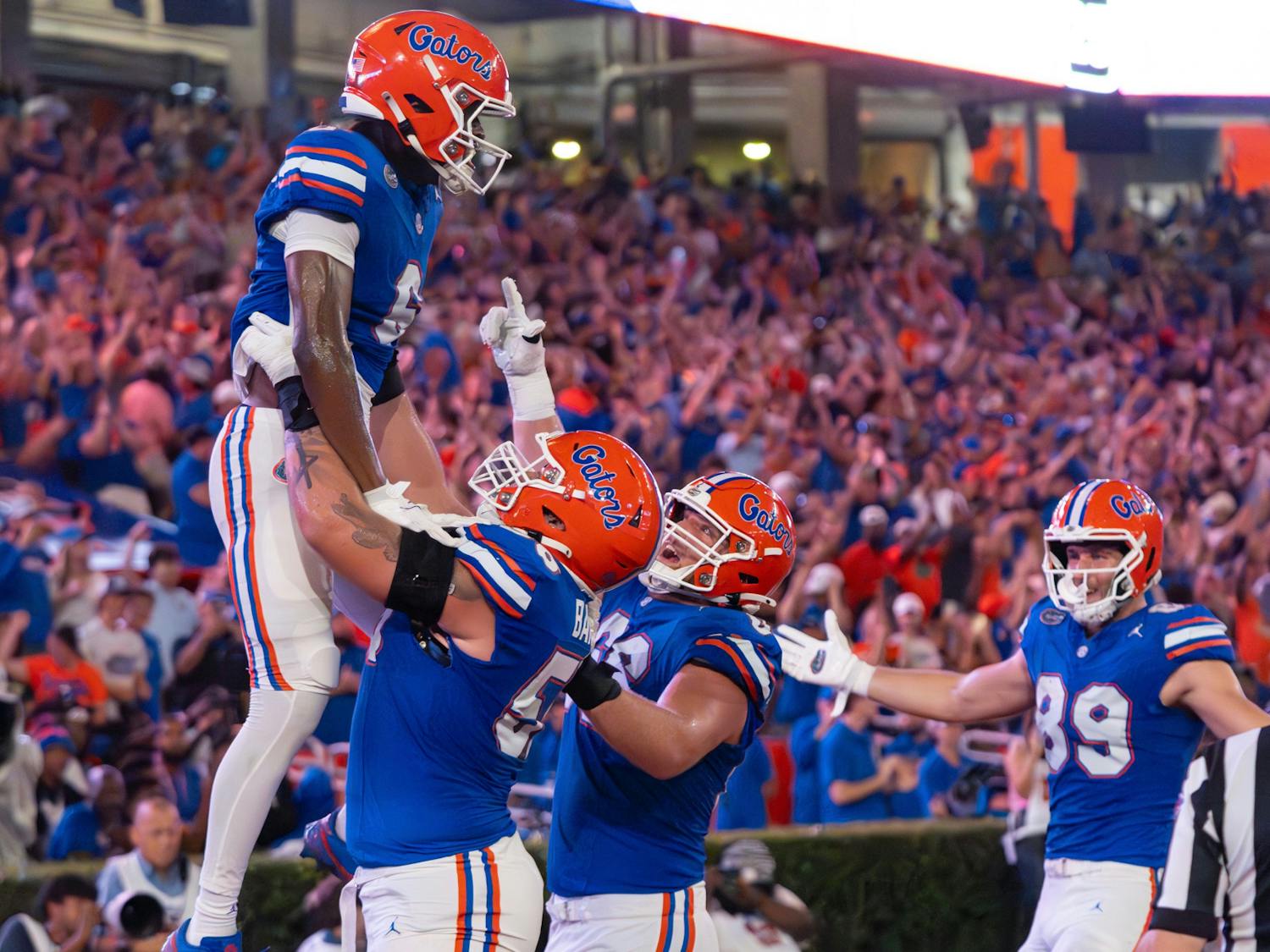 The Florida Gators Football team celebrates a touchdown during the first half at Steve Spurrier-Florida Field at Ben Hill Griffin Stadium on Saturday, October 05, 2024.