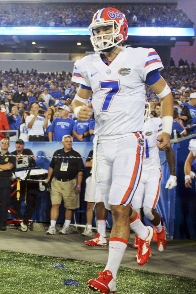 Will Grier runs onto the field during Florida's 14-9 win against Kentucky on Sept. 19 at Commonwealth Stadium in Lexington, Kentucky. West Virginia announced on April 6, 2016, that Grier was transferring to WVU. 