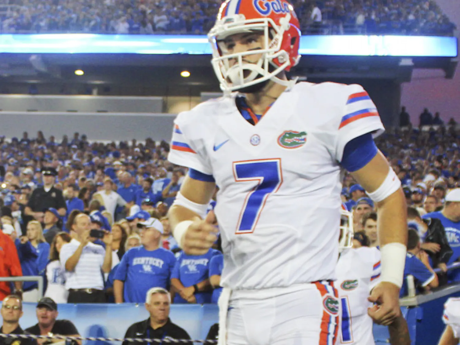 Will Grier runs onto the field during Florida's 14-9 win against Kentucky on Sept. 19 at Commonwealth Stadium in Lexington, Kentucky. West Virginia announced on April 6, 2016, that Grier was transferring to WVU.