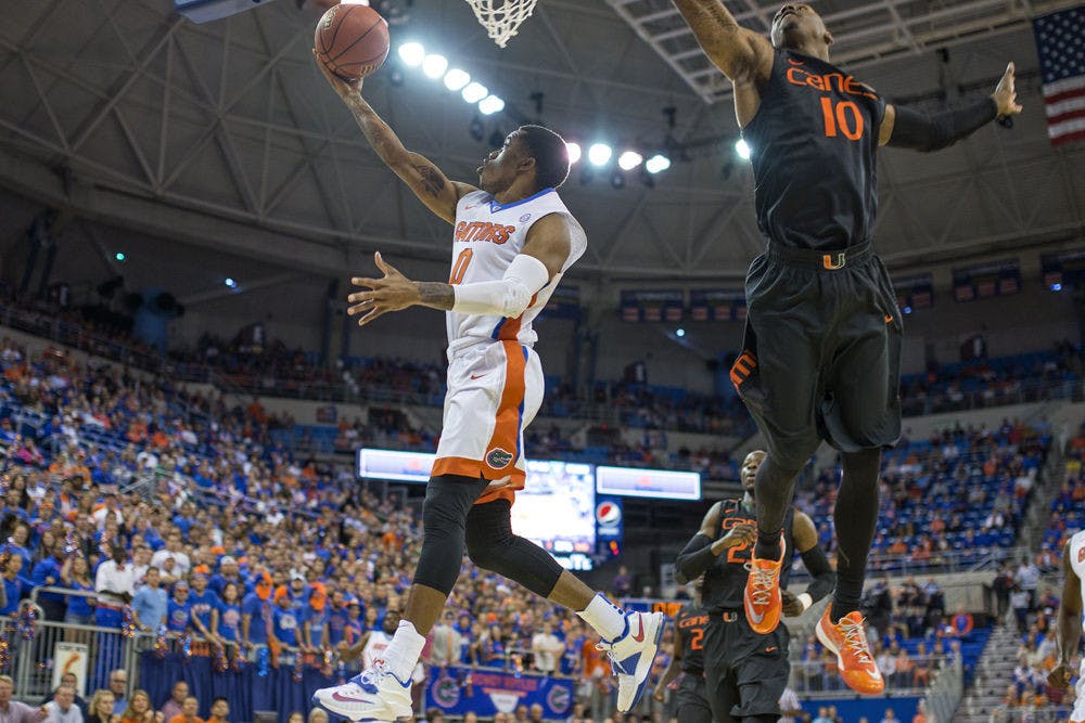 <p>Kasey Hill attempts a layup during Florida's loss to Miami.</p>