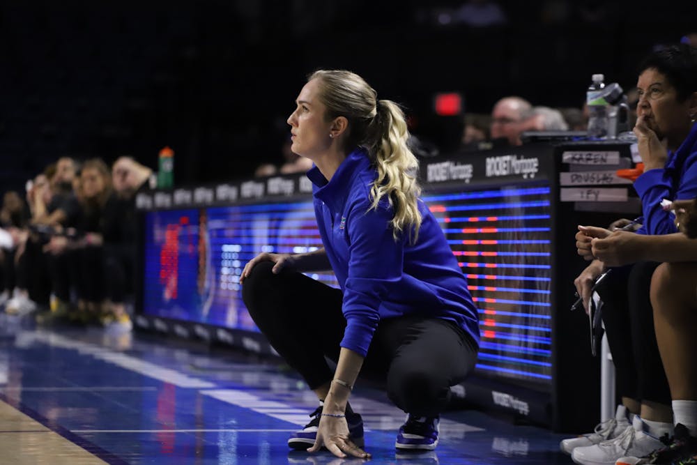 <p>Head women&#x27;s basketball coach Kelly Rae Finley watches her team from the side of the court Feb. 27.</p>