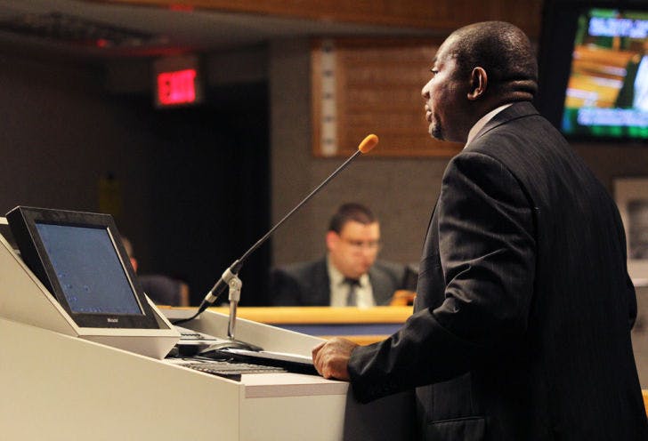 Fred Murry, a Gainesville assistant city manager, addresses the City Commission on Monday evening. During the meeting, building a center for the homeless population was discussed. Read the story at alligator.org.
