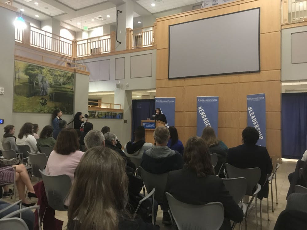 Speaker Lisa Rowe urges the crowd to be aware of their surroundings and report possible cases of human trafficking. Rowe is vice president of Selah Freedom, a non-profit organization dedicated to helping victims of sexual abuse.