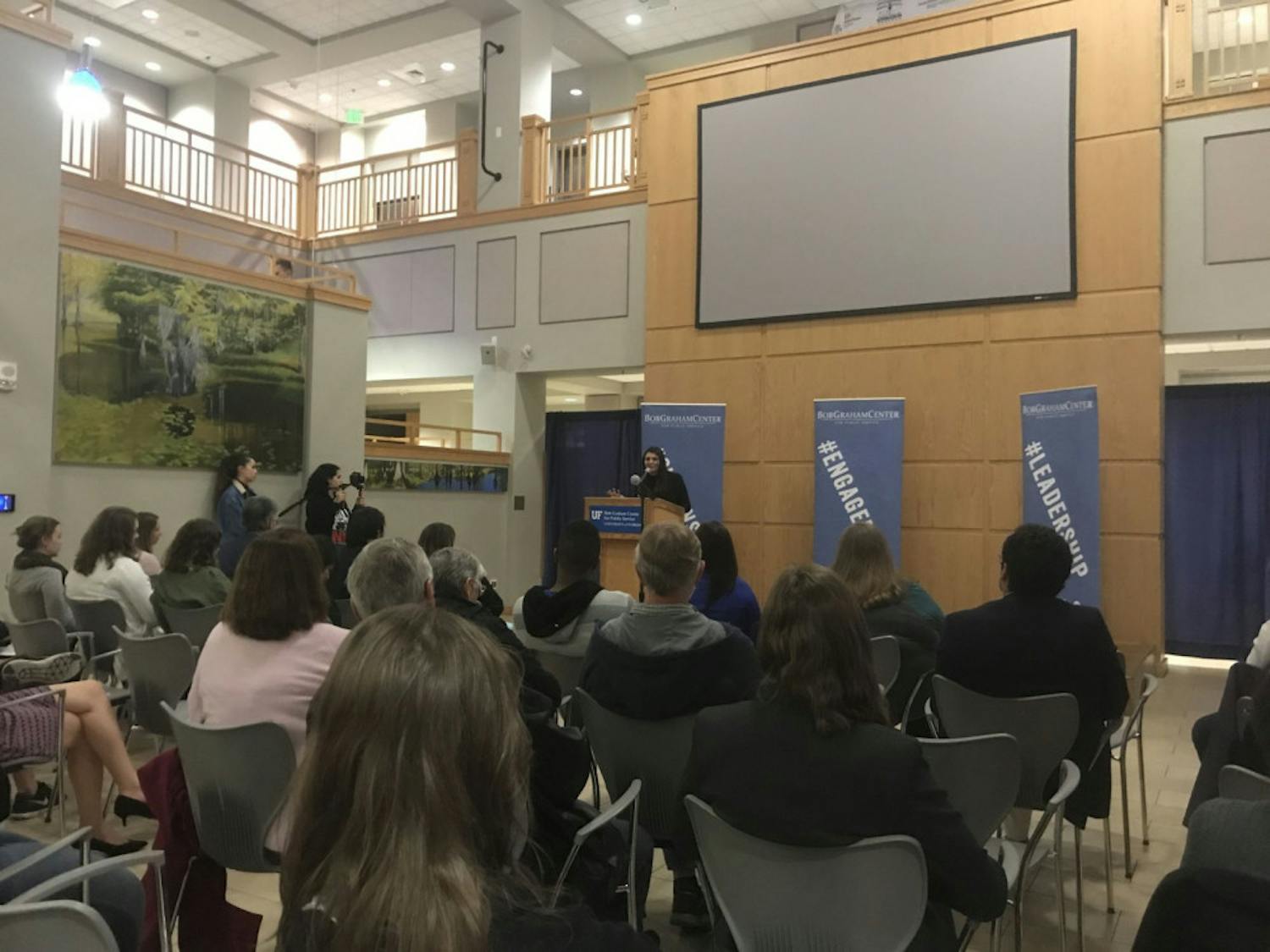 Speaker Lisa Rowe urges the crowd to be aware of their surroundings and report possible cases of human trafficking. Rowe is vice president of Selah Freedom, a non-profit organization dedicated to helping victims of sexual abuse.