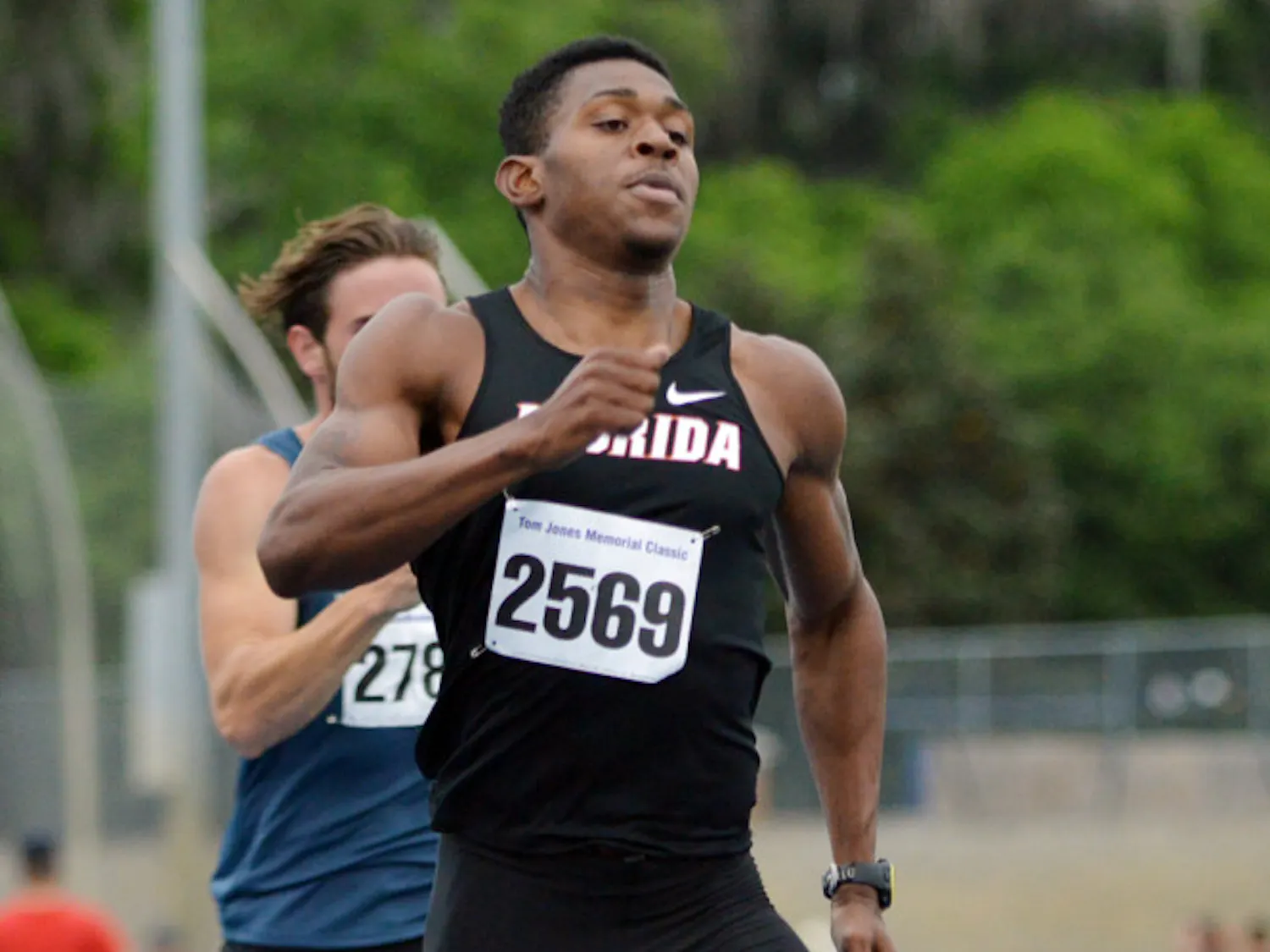 Dedric Dukes races in the 400-meter dash at the Tom Jones Memorial on April 19 at the Percy Beard Track. Dukes set personal-best marks in every event he competed in during the 2014 season and help break the school's 4x400-meter relay record.
