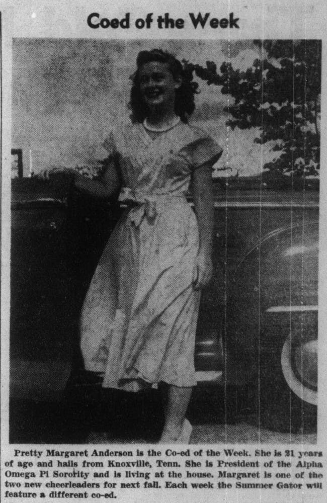 In a file photo shared by UF Libraries on Twitter, The Alligator named Margaret Anderson the Co-ed of the week. She was the President of Alpha Omega Pi Sorority. 