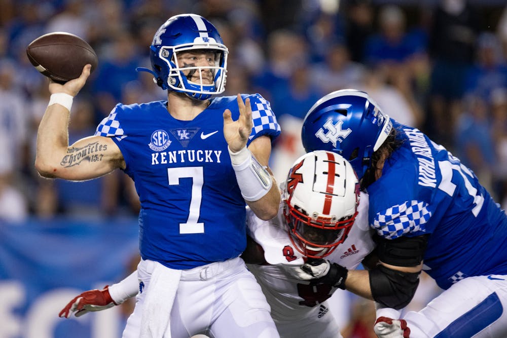 Kentucky quarterback Will Levis throws a pass during the Wildcats game against Miami (Ohio) Saturday, Sept. 3, 2022, at Kroger Field in Lexington, Kentucky. Photo by Jack Weaver | Kentucky Kernel