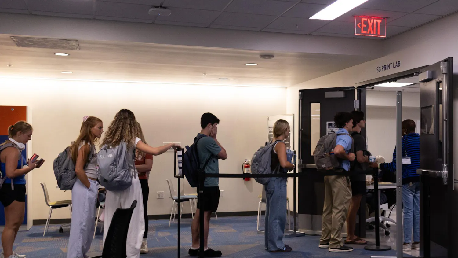 Students waiting in line to vote for the student government election at the SG Print Lab in the Reitz Student Union, Tuesday, Sept. 29, 2026, in Gainesville, Fla.