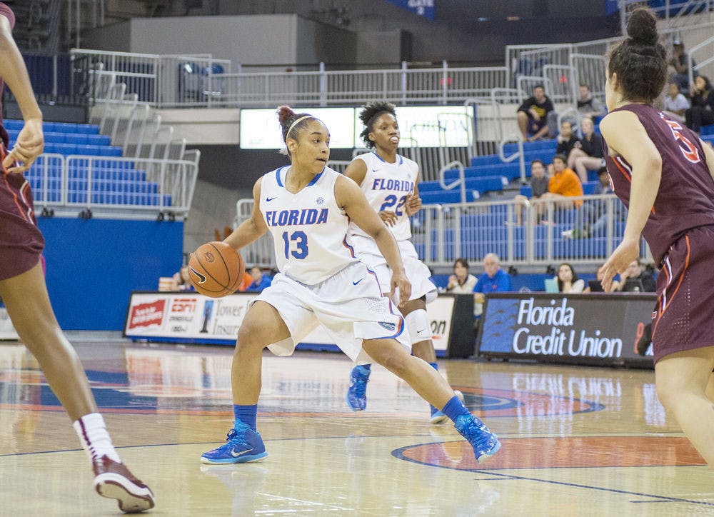 Cassie Peoples drives into the paint during Florida's win against Virginia Tech on Monday in the O'Connell Center.