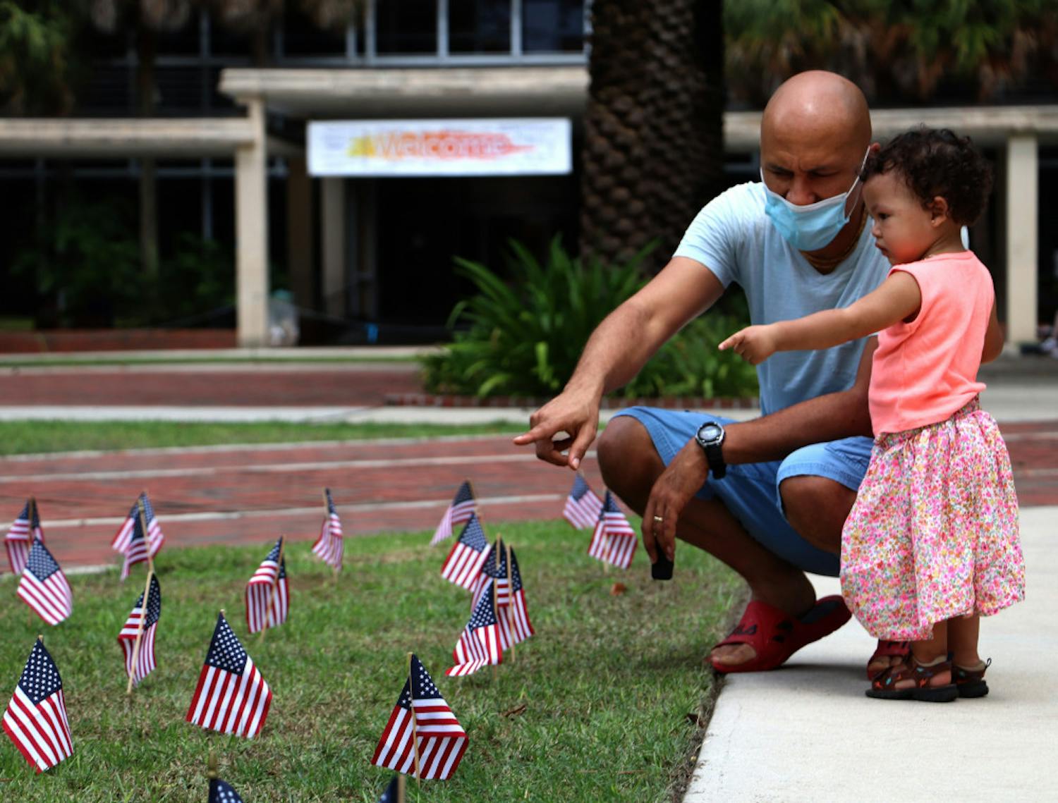 2,977 flags, a flag for each victim of the 9/11 attacks, were placed at Plaza of the Americas on September 11, 2020. The UF organization, Young Americans For Freedom placed them on Thursday night.