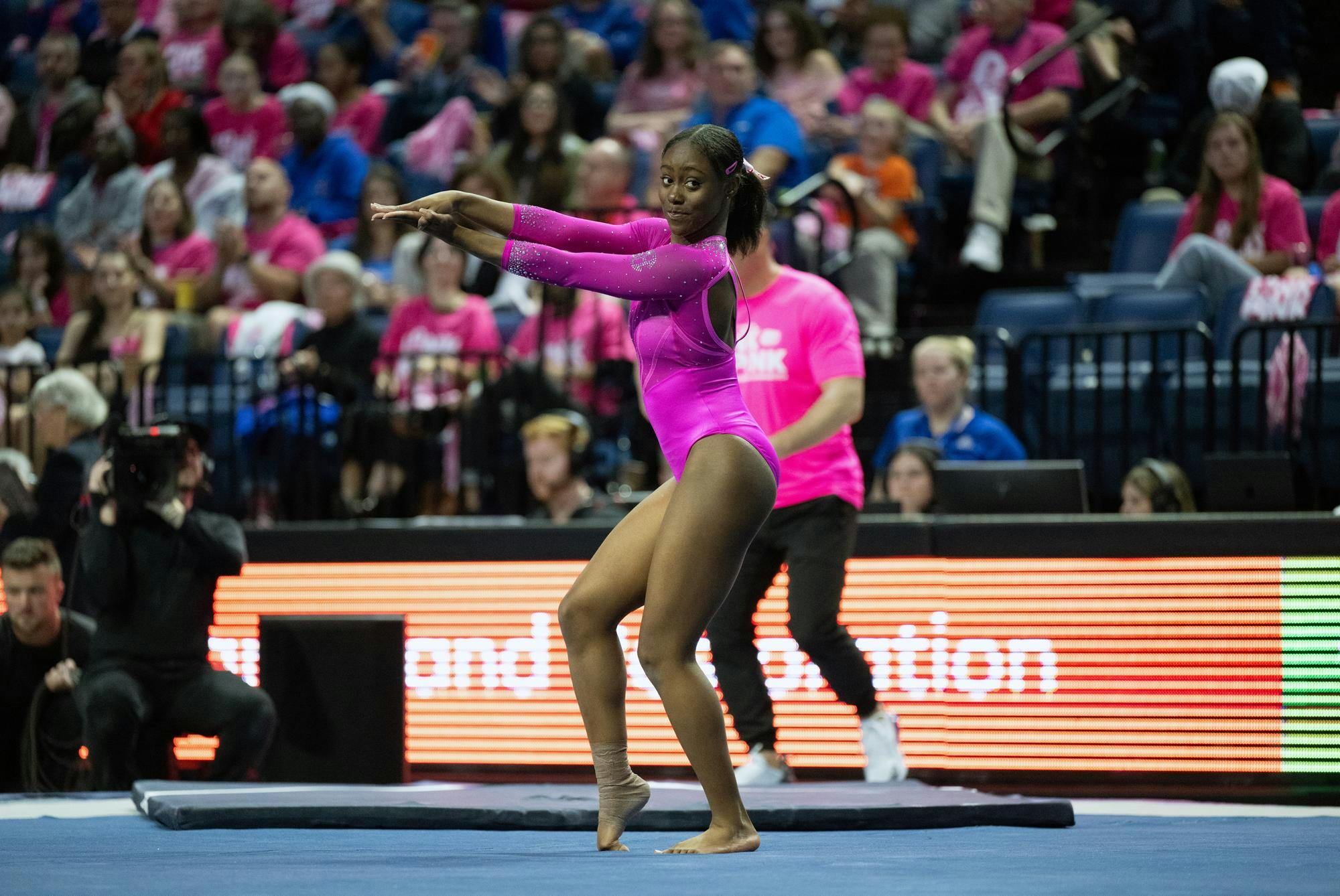 Florida Gators gymnast Taylor Clark preforms on the floor in a gymnastics meet against Auburn University in Gainesville, Fla., on Friday, Feb. 14, 2025.