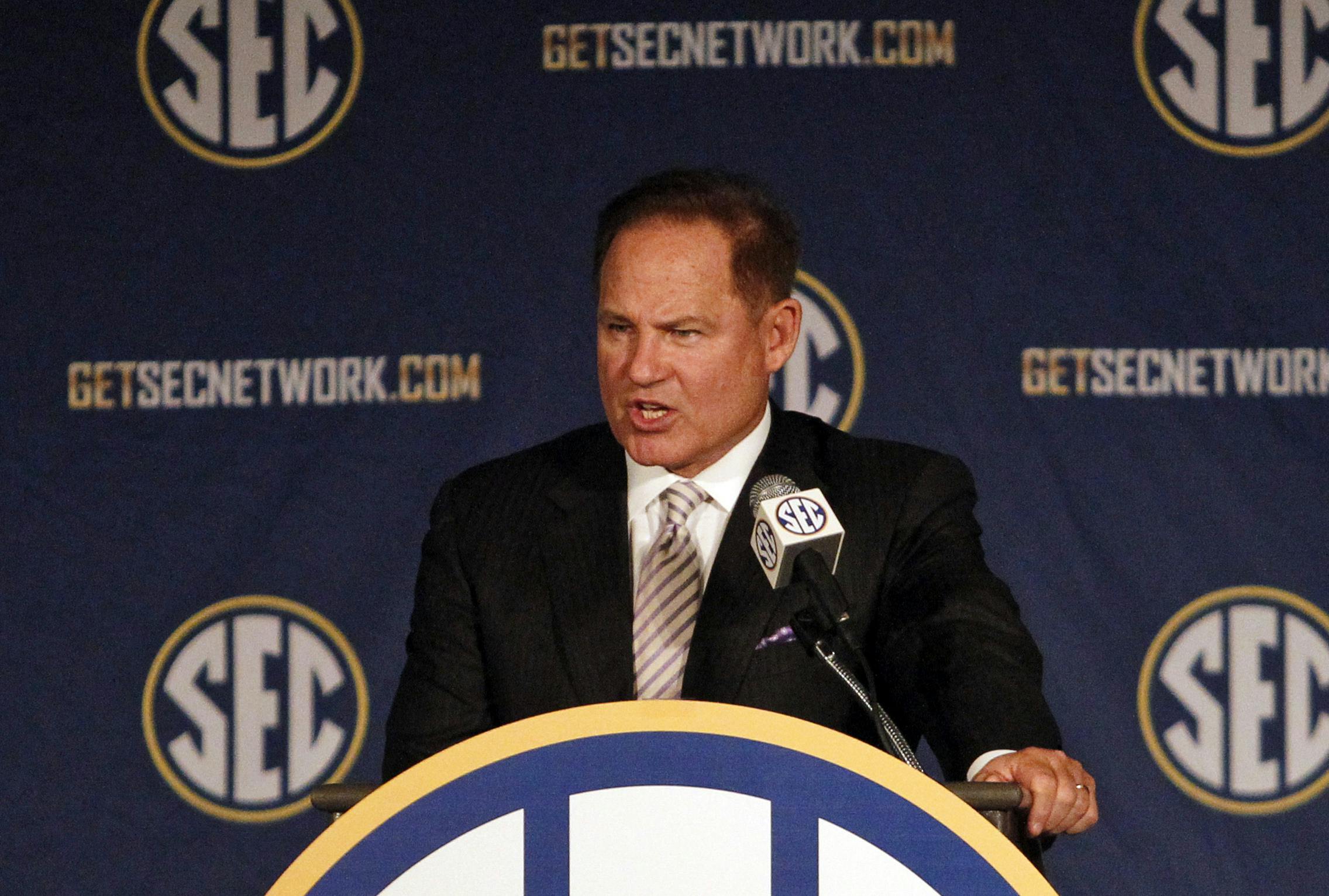 LSU coach Les Miles speaks to the media at the Southeastern Conference Media Days on Wednesday in Hoover, Ala.