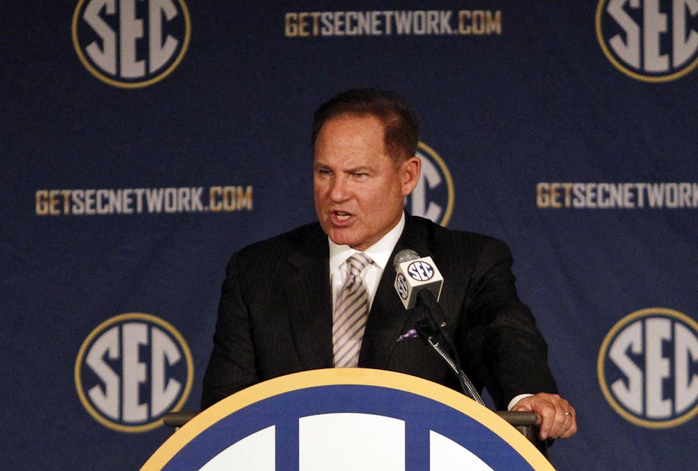 <p>LSU coach Les Miles speaks to the media at the Southeastern Conference Media Days on Wednesday in Hoover, Ala.</p>