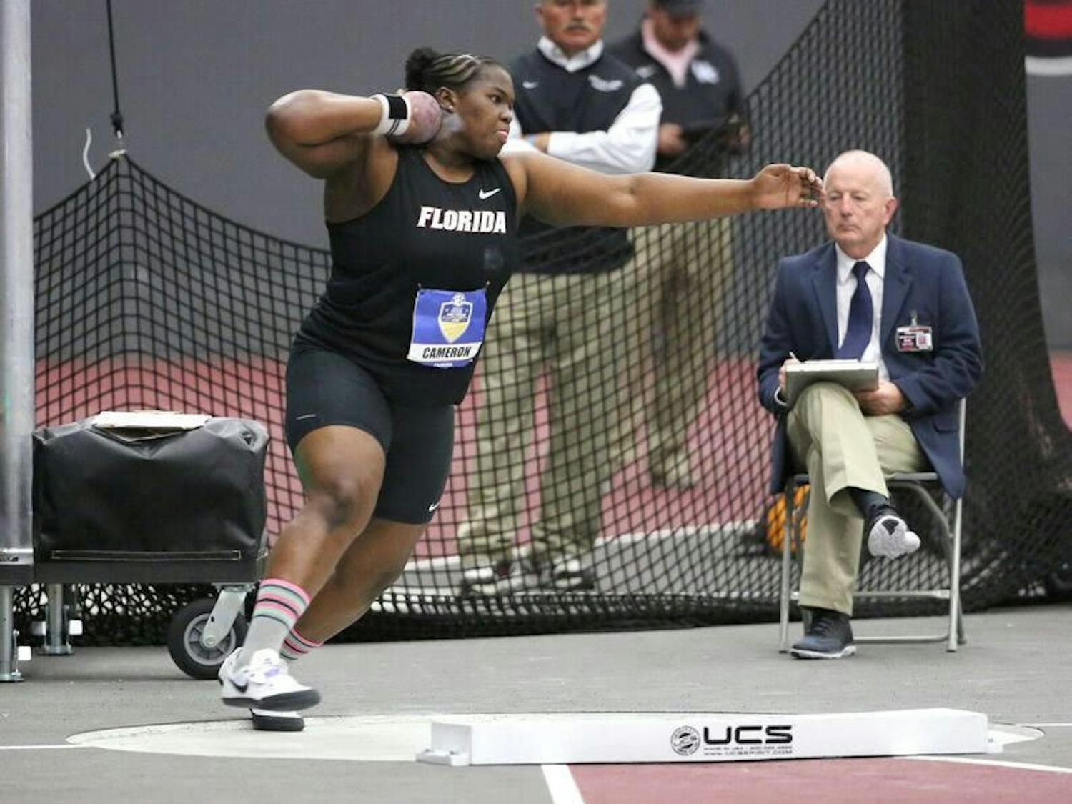 UF thrower Lloydricia Cameron throws the shot put during the&nbsp;2016 SEC Indoor Track and Field Championships.&nbsp;
&nbsp;
