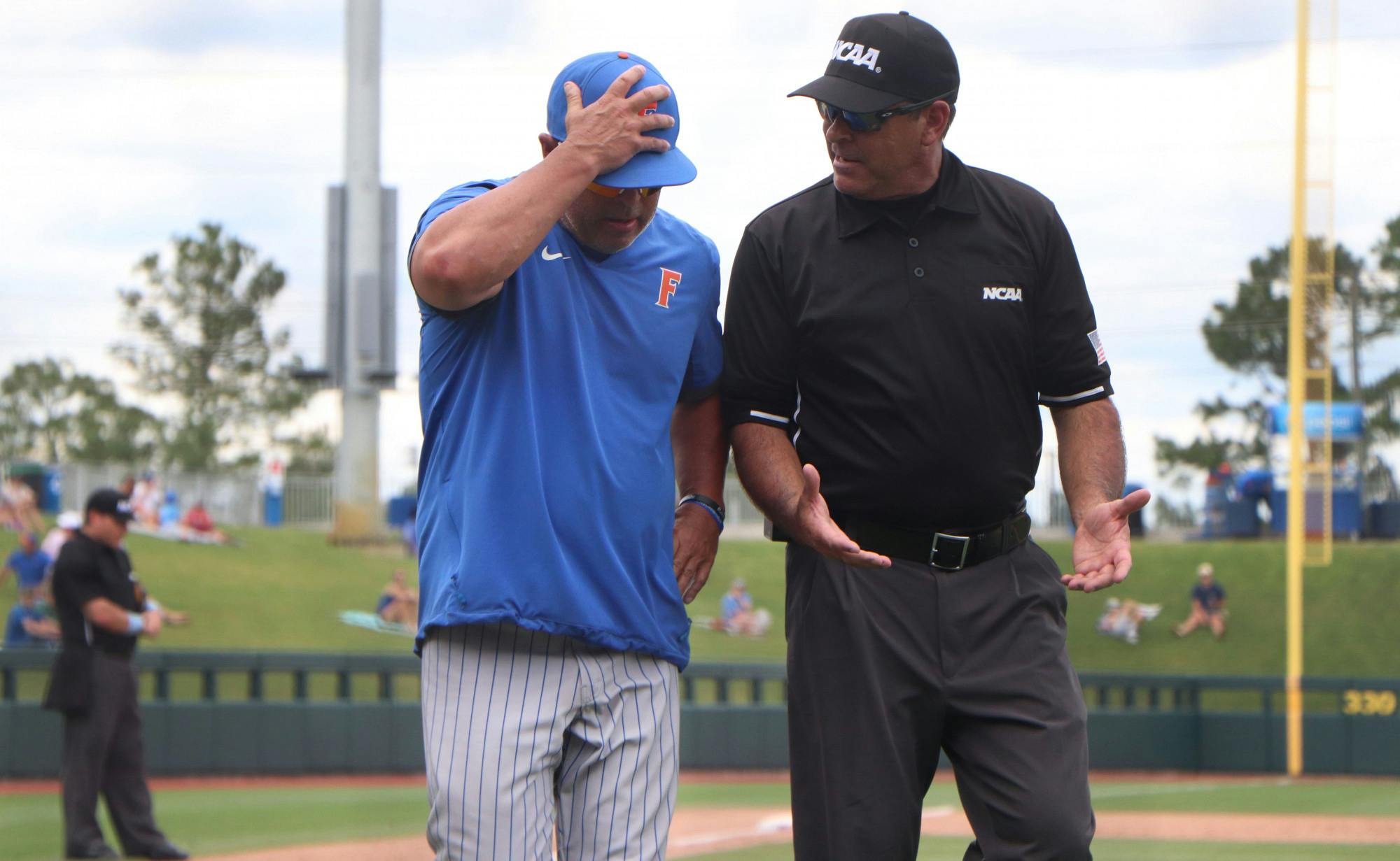 Florida baseball head coach Kevin O&#x27;Sullivan argues with in the sixth inning of a 19-1 loss to South Alabama on June 5. 