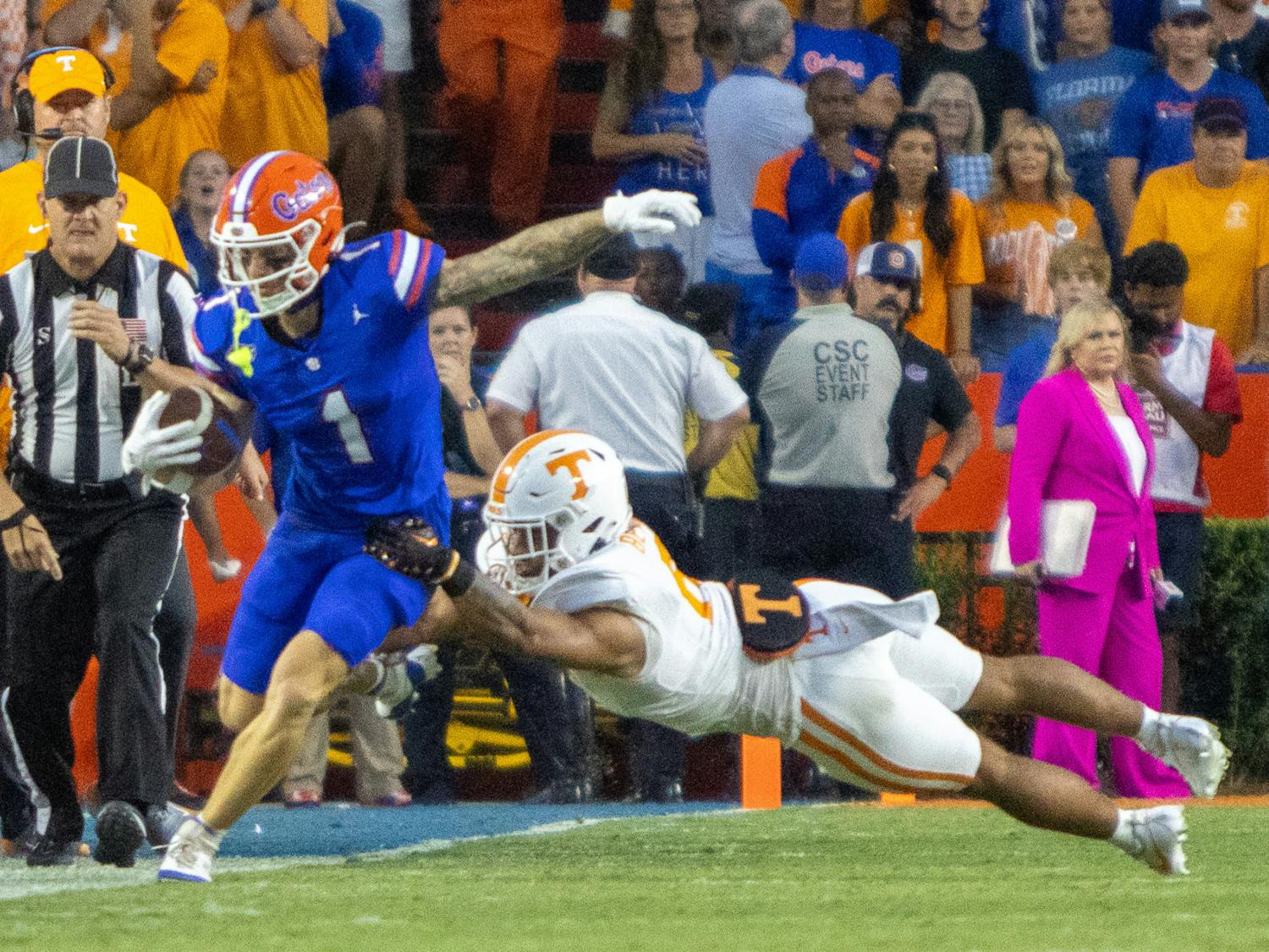 Senior wide receiver Ricky Pearsall evades a Tennessee defender in the Gators' 29-16 win against the Volunteers on Saturday, Sept. 16, 2023.