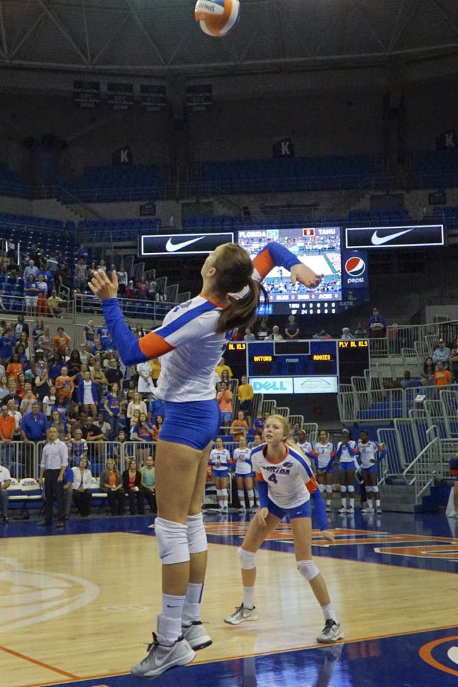 UF outside hitter Ziva Recek swings for a kill during Florida's 3-0 win against Texas A&amp;M on Oct. 9, 2015, in the O'Connell Center.