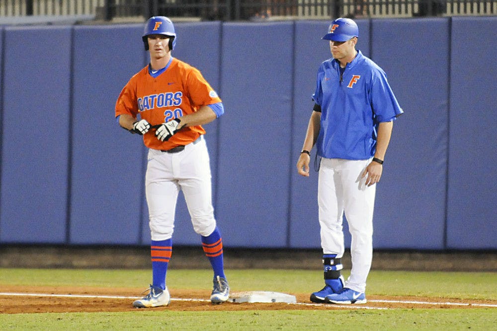 <p>Peter Alonso stands at first base during Florida's 5-4 win over North Florida at McKethan Stadium on March 9, 2016, at McKethan Stadium.&nbsp;</p>