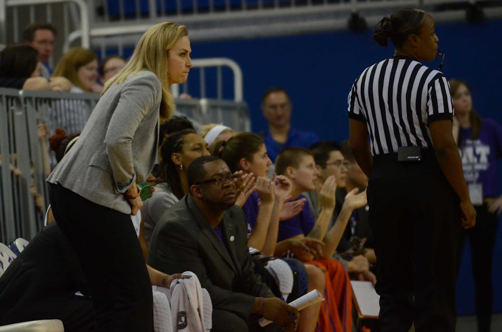 <p>Amanda Butler stares down the court during Florida's loss to No. 1 South Carolina on Monday in the O'Connell Center.</p>