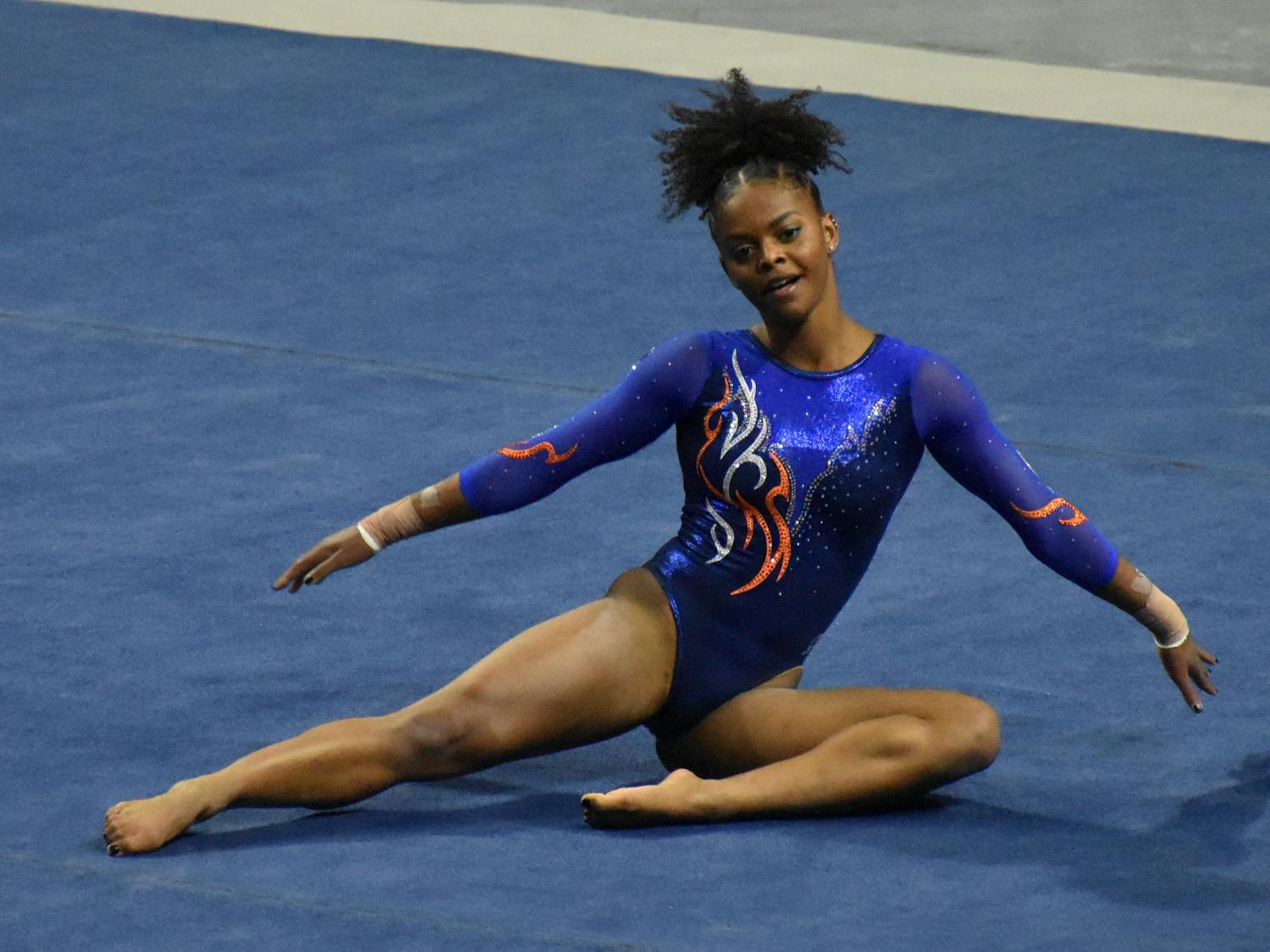Trinity Thomas during a floor routine against Mizzou January 29, 2021. Thomas became the 12th gymnast in NCAA history to score a 10 on each event during her career, earning a perfect mark on the vault Sunday.