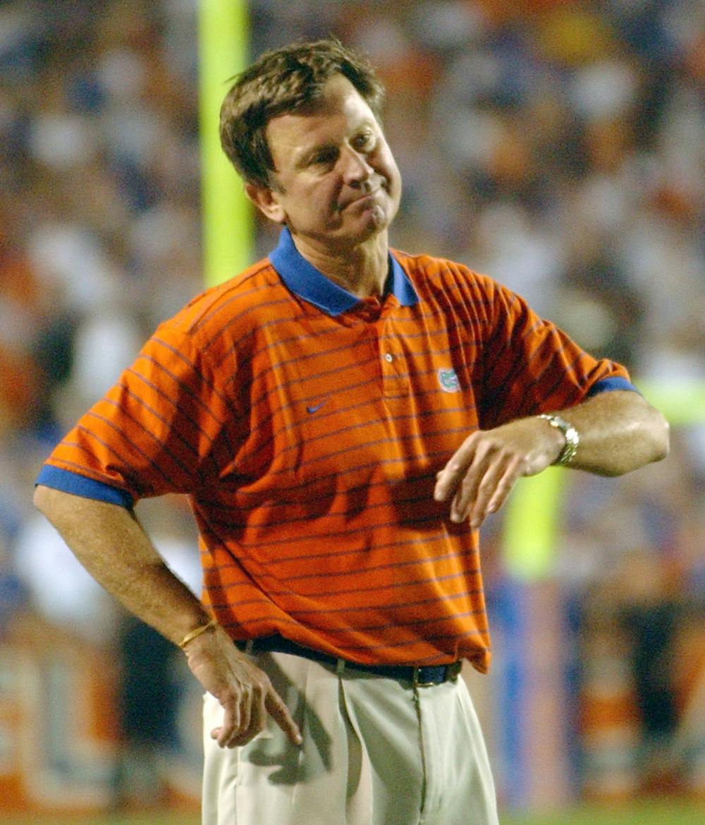 <p>Former Gators coach Steve Spurrier reacts to the action on the field during Florida’s 34-32 loss to Tennessee on Dec. 1, 2001, in Ben Hill Griffin Stadium. Spurrier went 8-4 against the Volunteers during his 12 years as Florida’s coach.</p>