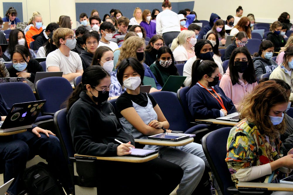 UF students sit inside their Integrated Principles of Biology Two lecture on Friday, Jan. 14, 2021. Students have been re-adjusting to in-person classes amid a rise in COVID-19 cases. 
