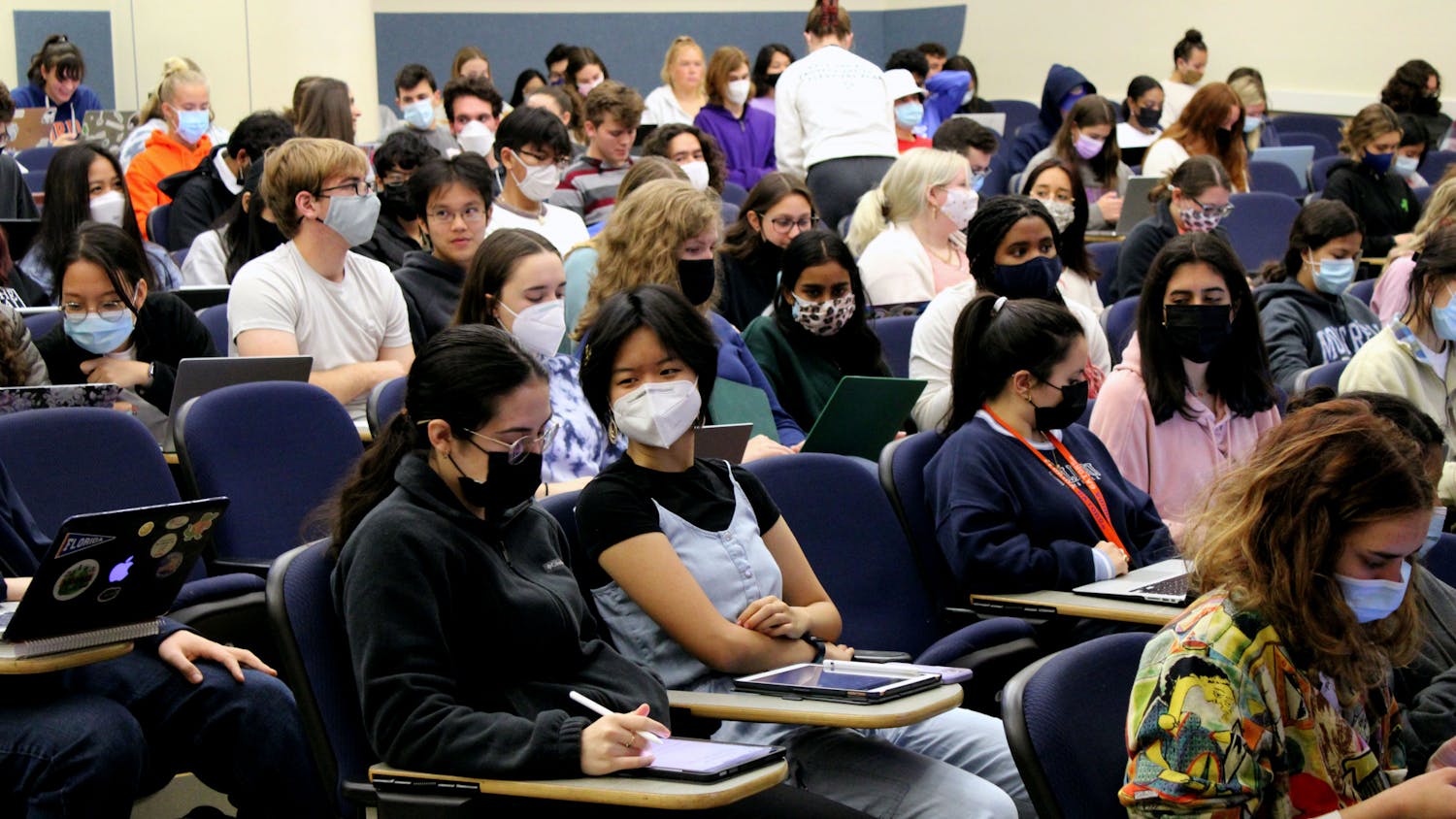 UF students sit inside their Integrated Principles of Biology Two lecture on Friday, Jan. 14, 2021. Students have been re-adjusting to in-person classes amid a rise in COVID-19 cases.