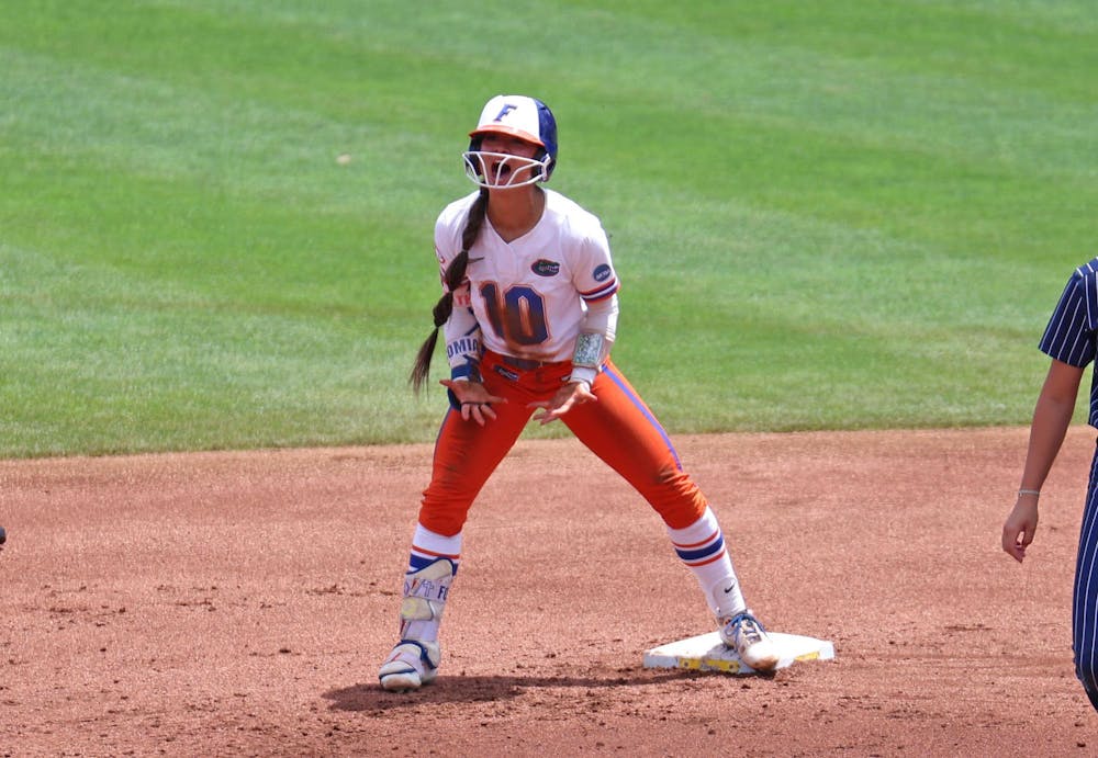 Florida's second base Gabi Comia (10) celebrates a double during a NCAA Regional softball game against Georgia Tech, Sunday, May 17, 2026, in Gainesville, Fla. 