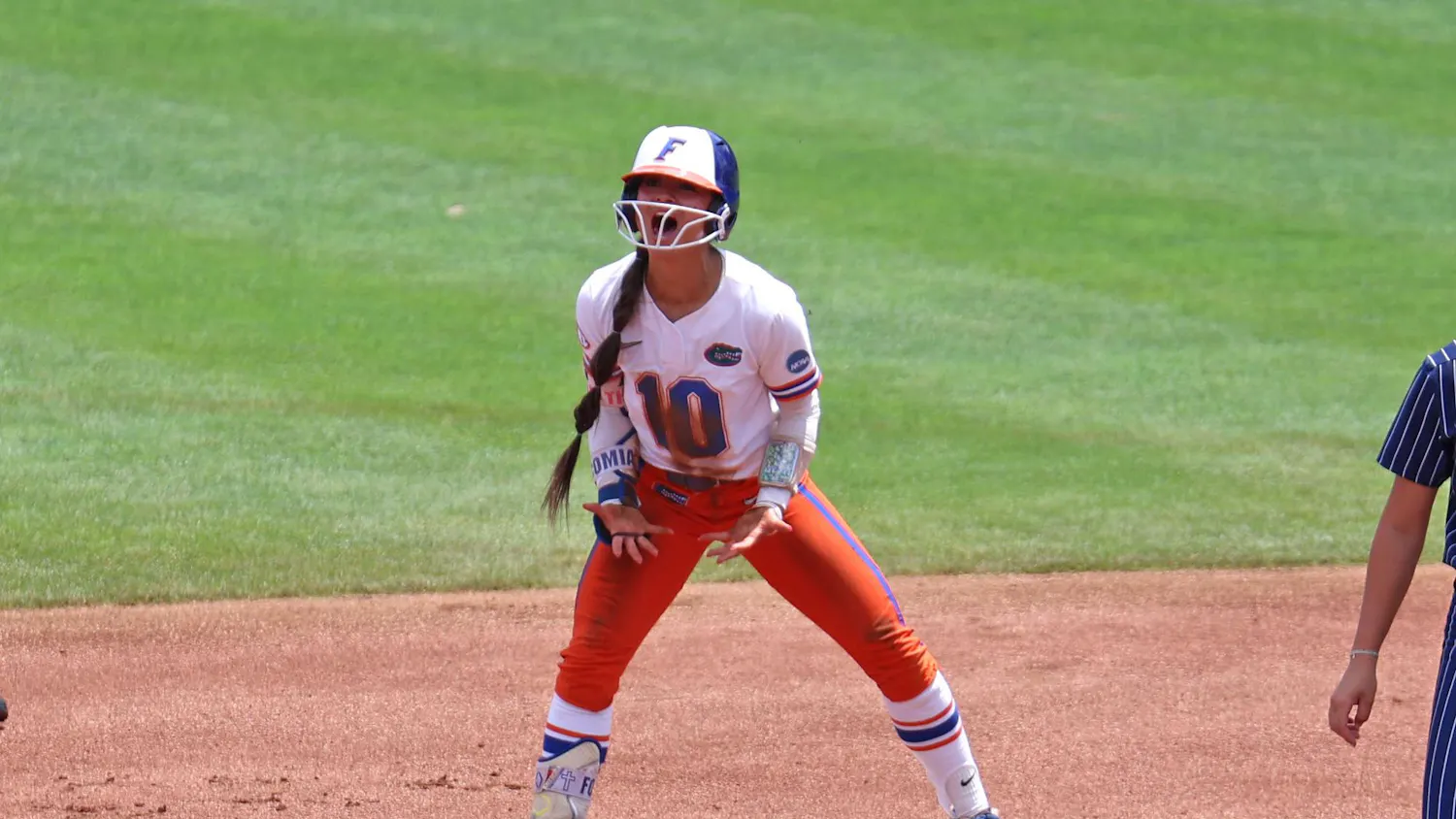 Florida's second base Gabi Comia (10) celebrates a double during a NCAA Regional softball game against Georgia Tech, Sunday, May 17, 2026, in Gainesville, Fla.