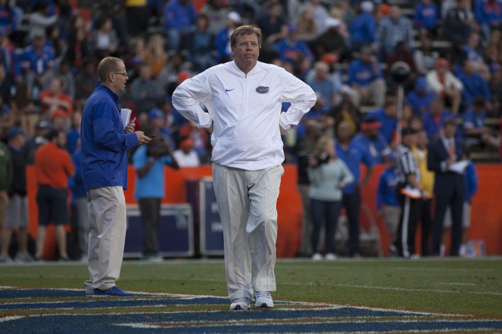 <p>UF coach Jim McElwain watches on during UF's Orange and Blue Debut on April 7, 2017, at Ben Hill Griffin Stadium.</p>