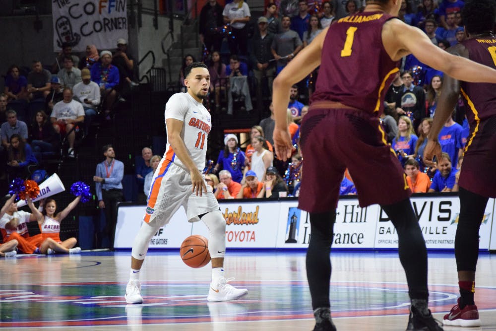 <p>Florida guard Chris Chiozza scored 15 points on Saturday in Florida's 66-60 win over Cincinnati at the Prudential Center in Newark, New Jersey.</p>