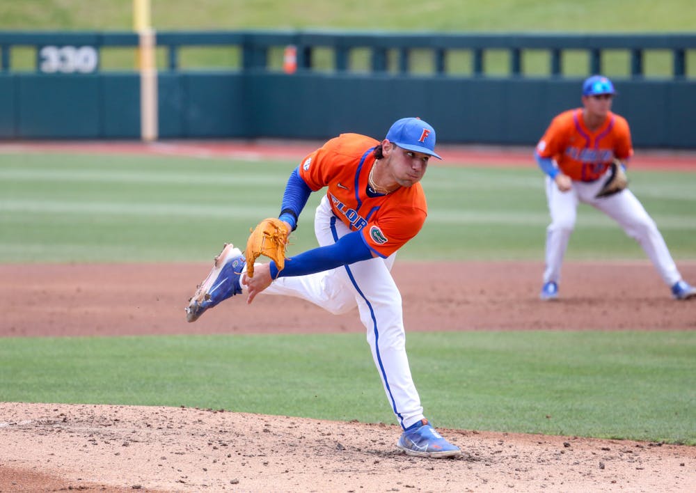<p>Jac Caglianone pitches during Florida’s 6-2 win against Vanderbilt Sunday, May 14, 2023.</p>