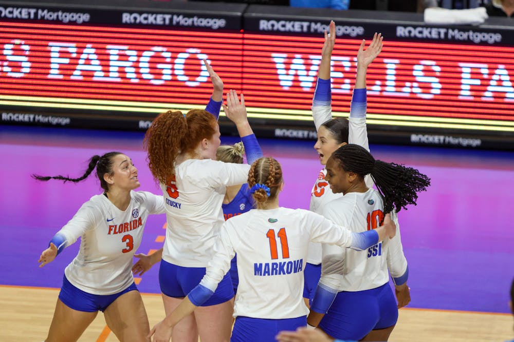 The Florida volleyball team celebrates a point during its match against LSU Sunday Oct. 9, 2022.  