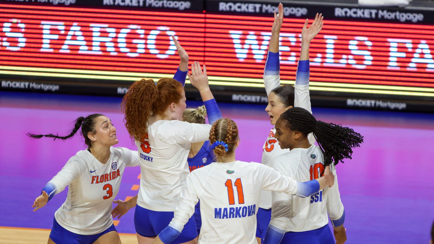 The Florida volleyball team celebrates a point during its match against LSU Sunday Oct. 9, 2022.  