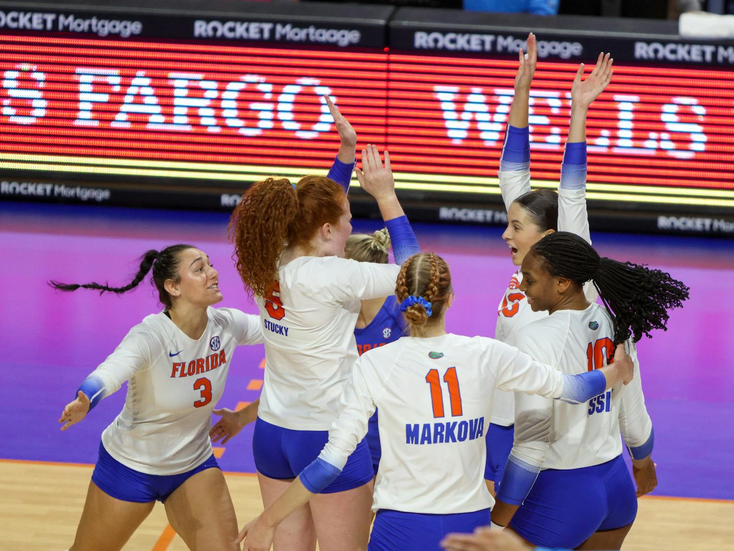 The Florida volleyball team celebrates a point during its match against LSU Sunday Oct. 9, 2022.