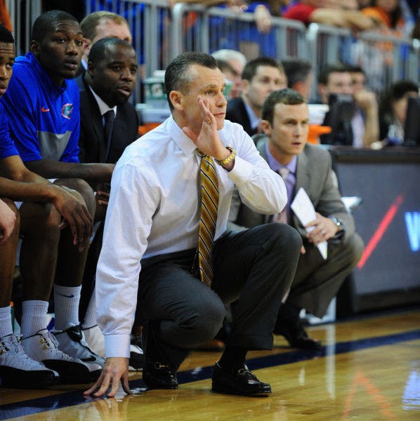 Billy Donovan studies the court during Florida’s 74-58 win against South Carolina on Jan. 8 in the O’Connell Center. Donovan’s former assistant, Anthony Grant, is the coach at Alabama.