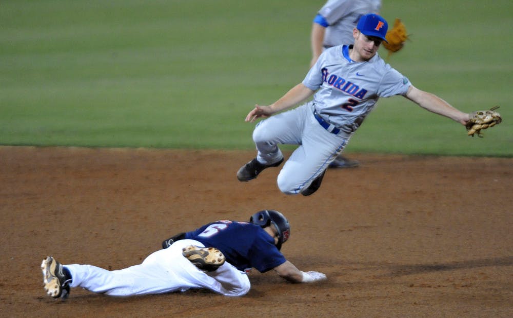 <p>Mississippi's Blake Newalu (6) steals second as the ball gets past Florida's Caey Turgeon (2) during a college baseball game in Oxford, Miss. on Friday, March 30, 2012. (AP Photo/Oxford Eagle, Bruce Newman)</p>