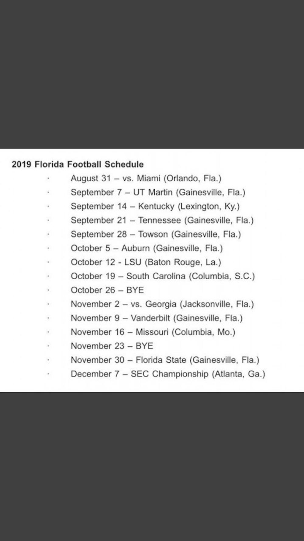 <p>UF has two bye weeks on its 2019 schedule along with a season-opening matchup with Miami on Aug. 31. </p>