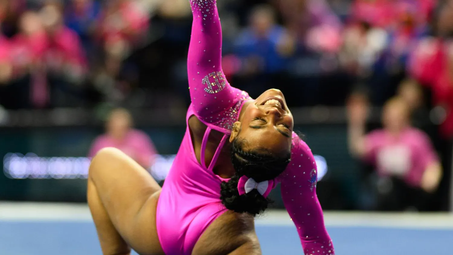 Florida gymnast Selena Harris-Miranda performs on the floor during an NCAA gymnastics meet against Oklahoma, Friday, Feb. 13, 2026, in Gainesville, Fla.