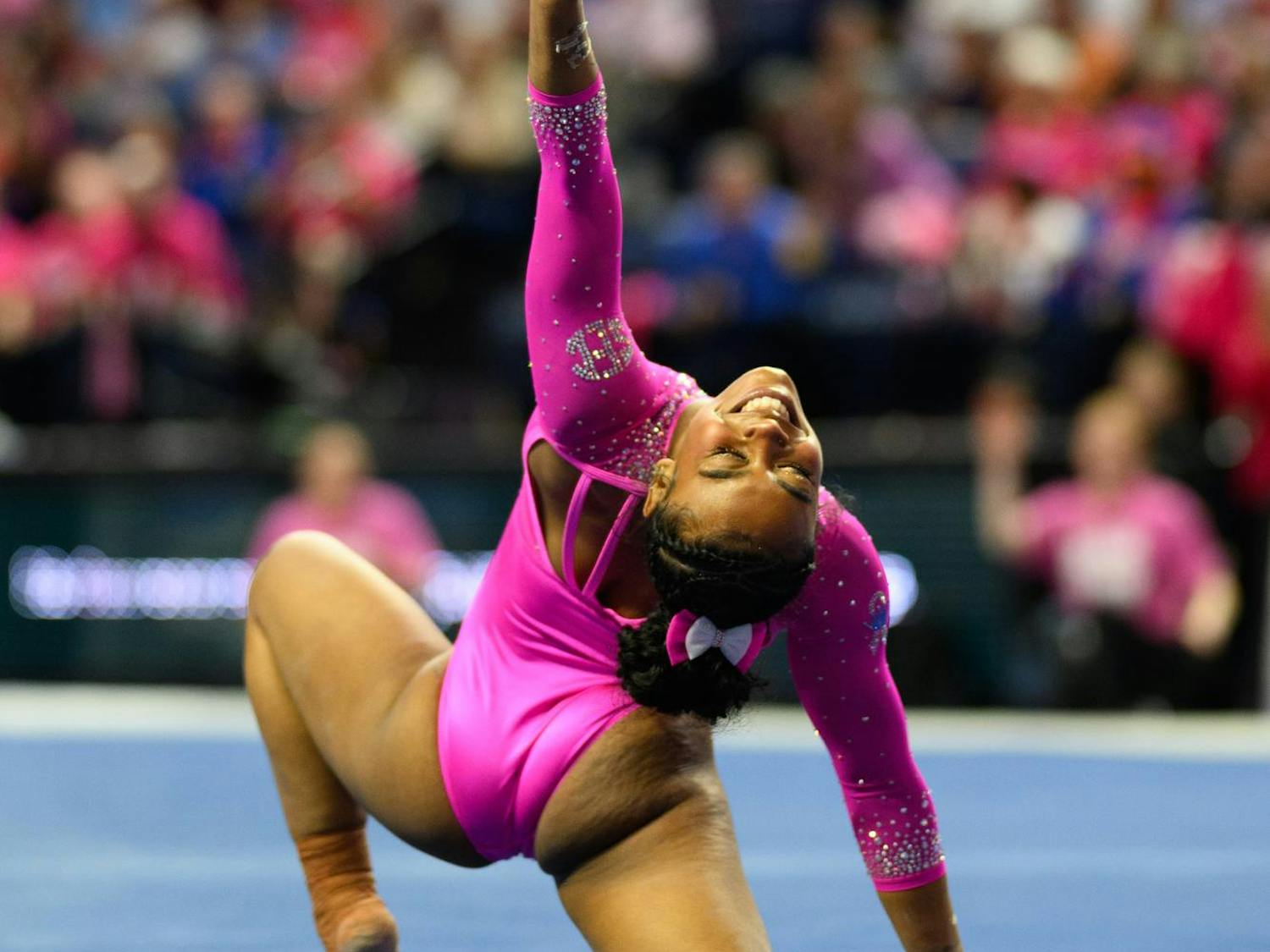 Florida gymnast Selena Harris-Miranda performs on the floor during an NCAA gymnastics meet against Oklahoma, Friday, Feb. 13, 2026, in Gainesville, Fla.
