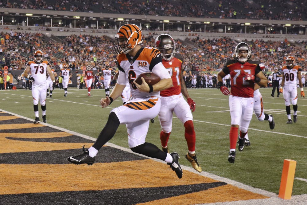 Cincinnati Bengals quarterback Jeff Driskel (6) runs in a touchdown during the second half of the team's preseason NFL football game against the Tampa Bay Buccaneers, Friday, Aug. 11, 2017, in Cincinnati. (AP Photo/Gary Landers)