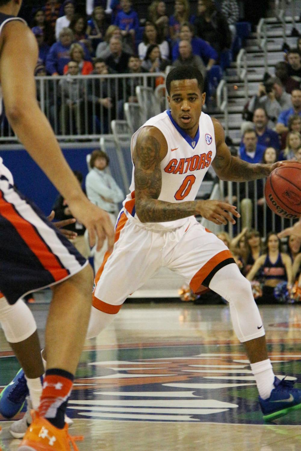 <p>UF’s Kasey Hill prepares to drive during Florida’s 95-63 win against Auburn on Jan. 23, 2016, in the O’Connell Center.</p>