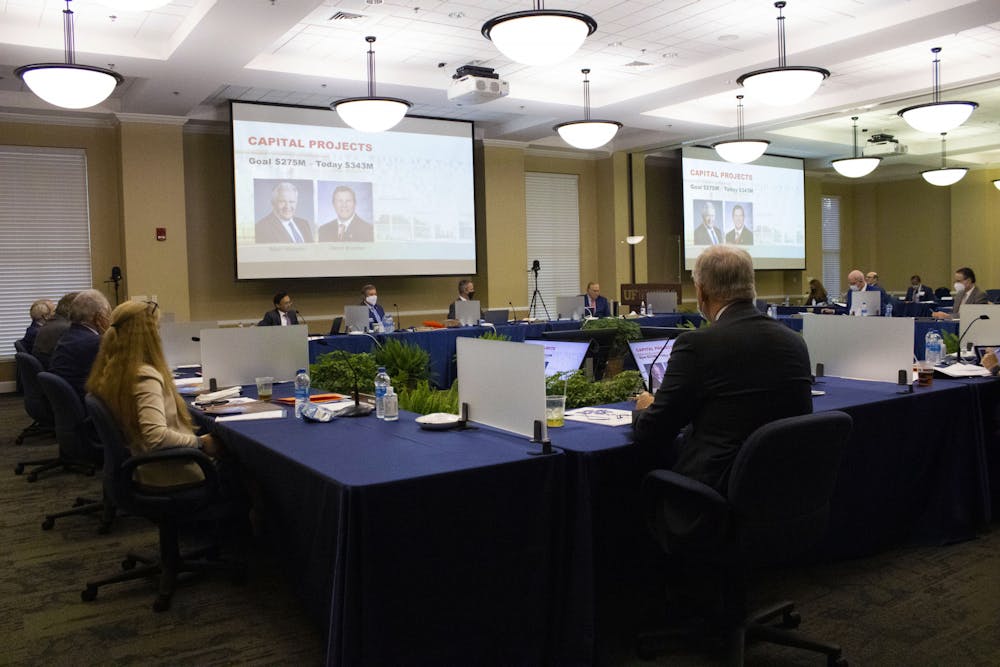 The UF Board of Trustees discusses capital projects inside the Emerson Alumni Hall on Thursday, March 18, 2021. 