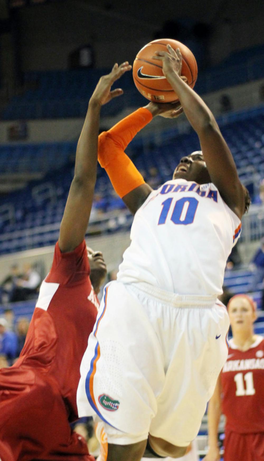 <p>Guard Jaterra Bonds (10) attempts a shot during Florida’s 69-58 win against Arkansas on Feb. 28 in the O’Connell Center.</p>