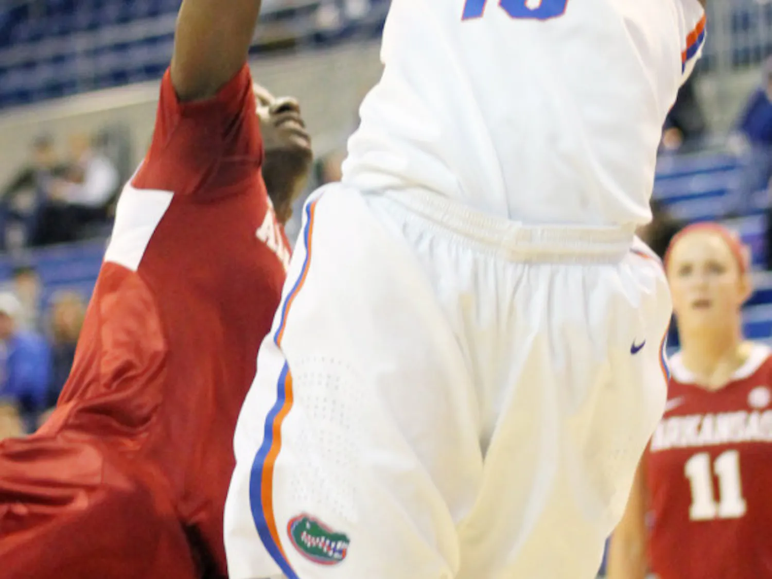 Guard Jaterra Bonds (10) attempts a shot during Florida’s 69-58 win against Arkansas on Feb. 28 in the O’Connell Center.