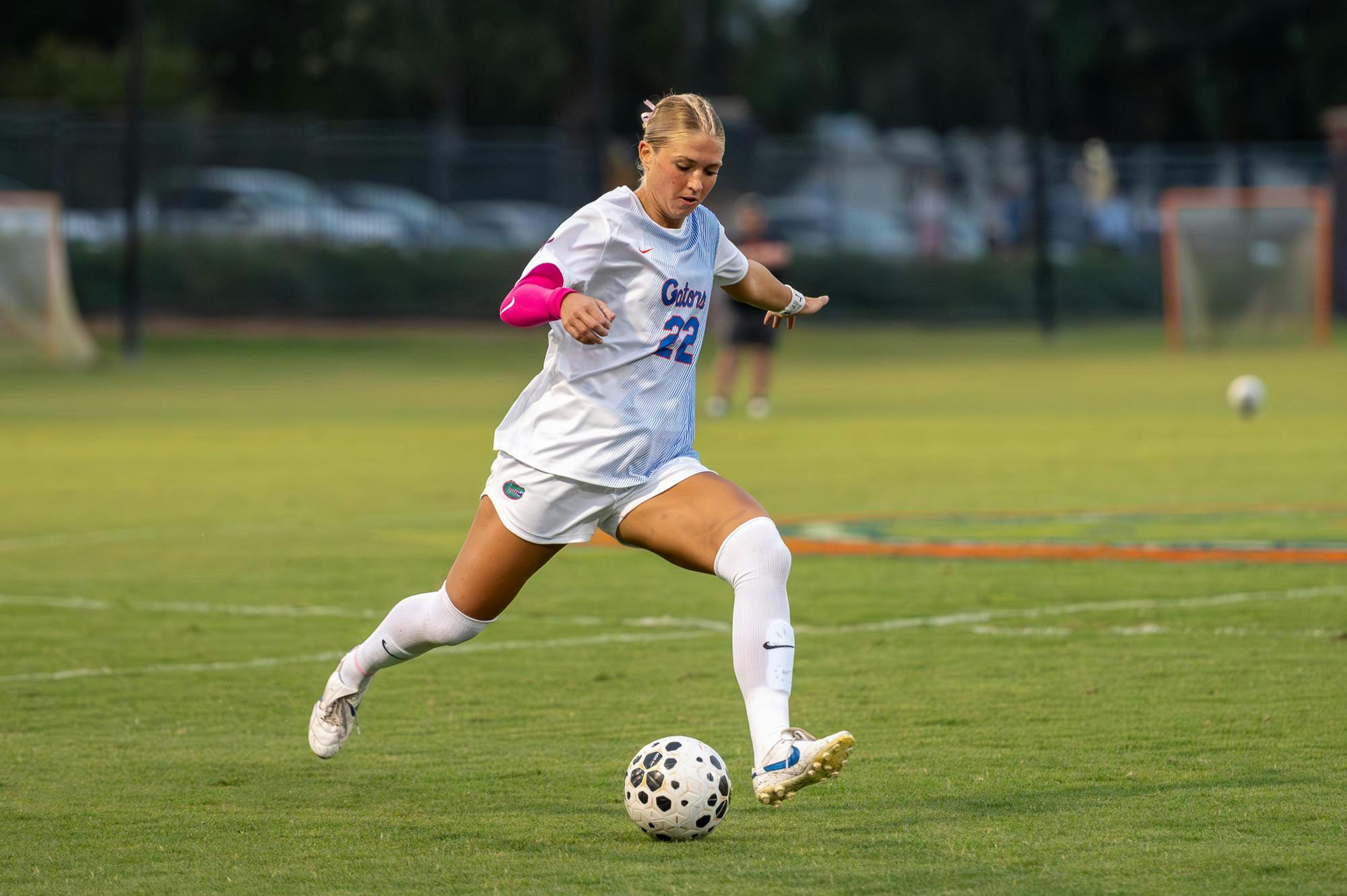 Florida Gators defender Abby Gemma (22) kicks the ball in a match against the Kentucky Wildcats on Oct. 2, 2025, at Donald Disney Stadium in Gainesville, Fla. The Gators tied the Wildcats 1-1.